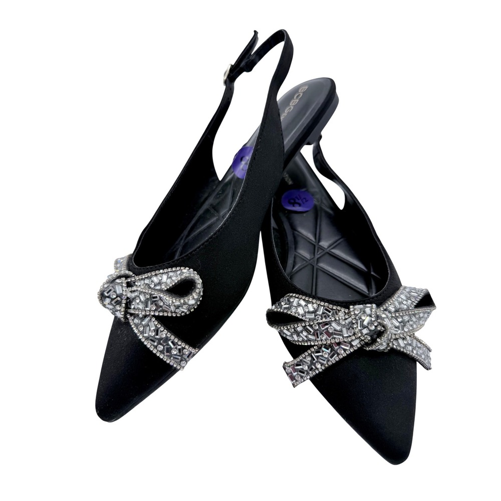 BCBGeneration Black Satin Crystal Bow Slingback Pointed Toe‎ Flats Shoes 8.5